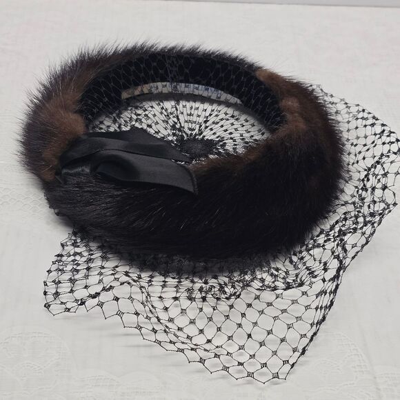Bonwit Teller Real Brown Mink Veil Netting Fur Pillbox Halo Hat Vintage 50s main image 8